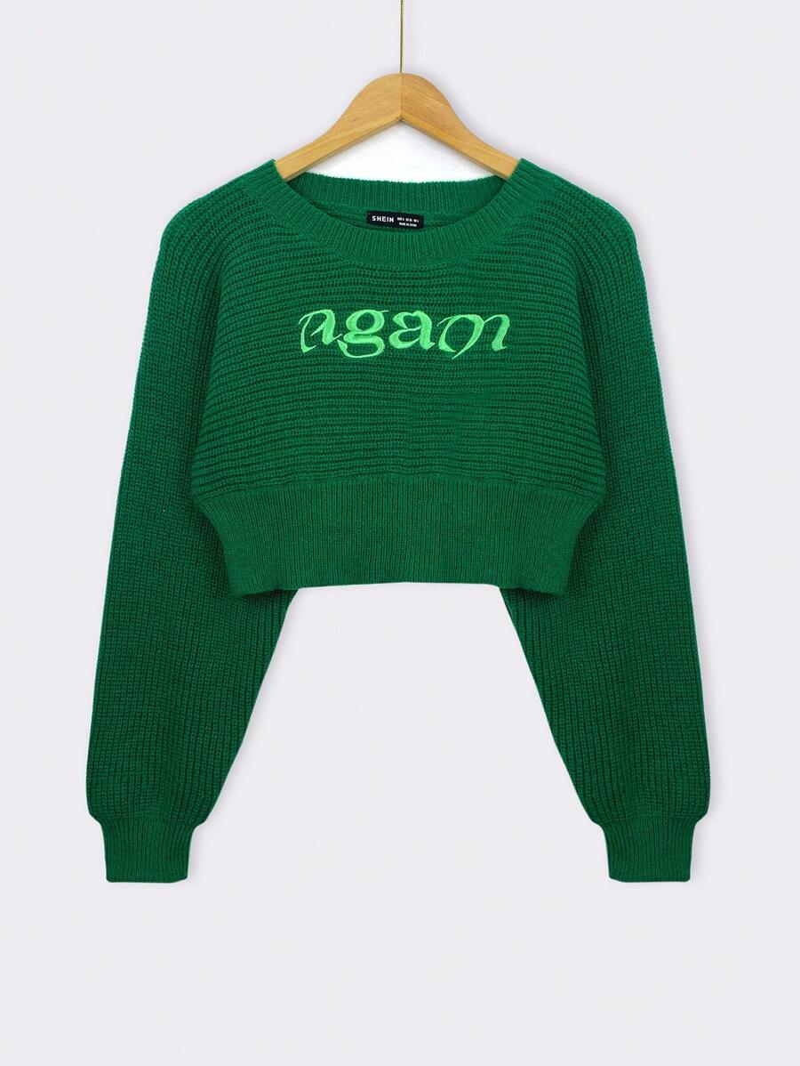 SHEIN Unity 字母圖案插肩袖短款毛衣 - 綠色 - 查看 1