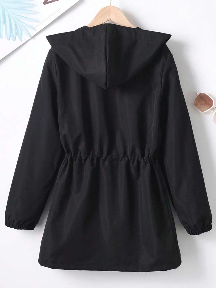 Teen Girl Letter Graphic Drawstring Waist Hooded Coat, Black Jacket For Girls, Hoodies For Teen Girls Black, Girls Spring Autumn Jacket, Girls Hooded Jacket, Black Zip-Up Hoodie