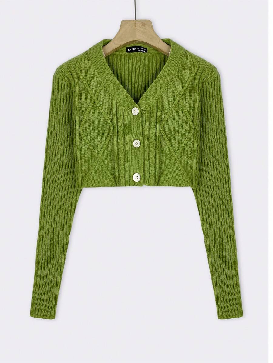 SHEIN Unity Nút phía trước Cắt sửa áo lông cừu - màu xanh lá - Xem 1