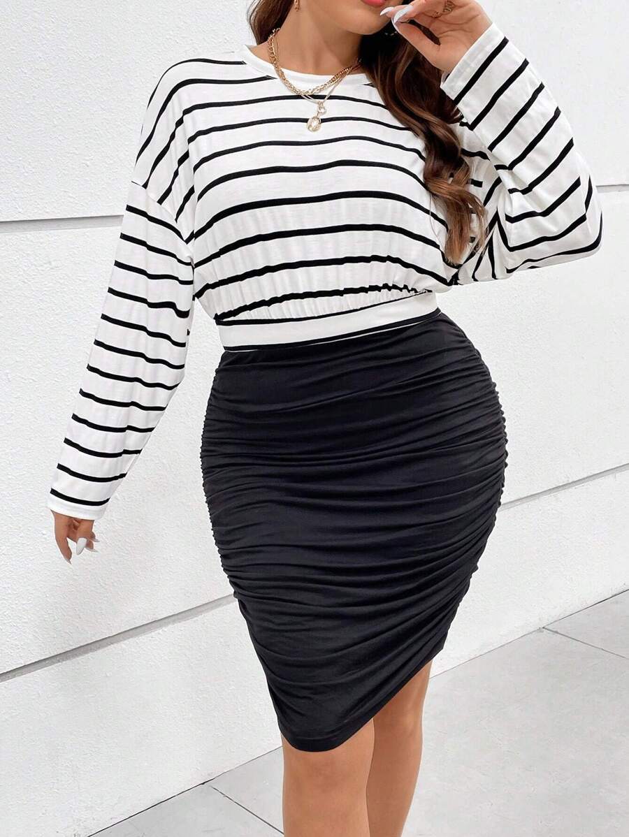 SHEIN Essnce Plus Striped Print Drop Shoulder Ruched Bodycon Dress - Black and White - View 1