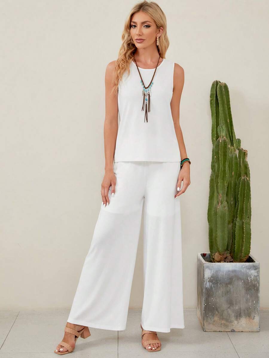 EMERY ROSE Solid Tank Top & Wide Leg Pants - White - View 1