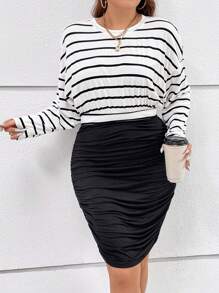 SHEIN Essnce Plus Striped Print Drop Shoulder Ruched Bodycon Dress - Black and White - View 6