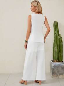 EMERY ROSE Solid Tank Top & Wide Leg Pants - White - View 2