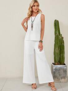 EMERY ROSE Solid Tank Top & Wide Leg Pants - White - View 3