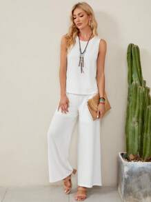 EMERY ROSE Solid Tank Top & Wide Leg Pants - White - View 4