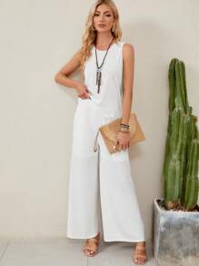 EMERY ROSE Solid Tank Top & Wide Leg Pants - White - View 5