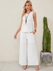 EMERY ROSE Solid Tank Top & Wide Leg Pants - White - View 6