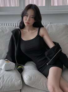 DAZY 纯色吊带紧身连衣裙（不带夹克）、迷你连衣裙、秋装 - 黑色 - 查看 6