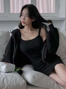 DAZY 纯色吊带紧身连衣裙（不带夹克）、迷你连衣裙、秋装 - 黑色 - 查看 5