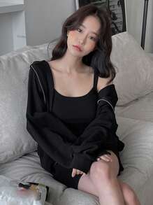 DAZY 纯色吊带紧身连衣裙（不带夹克）、迷你连衣裙、秋装 - 黑色 - 查看 2