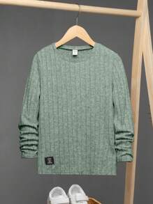 SHEIN Leap Crew Tween Boy Letter Patched Detail Ribbed Knit Tee - Mint Green - View 1