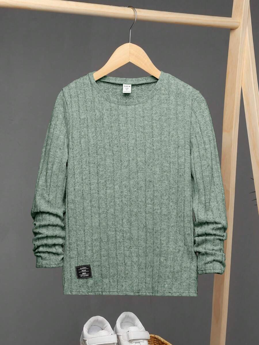 SHEIN Leap Crew Tween Boy Letter Patched Detail Ribbed Knit Tee - Mint Green - View 1