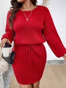 Calvaya Plus Drop Shoulder Knot Waist Jumper Dress - Burgundy - View 4