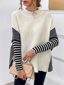 Chiquease Striped Pattern Batwing Sleeve Mock Neck Split Hem Sweater