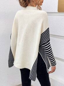 Chiquease Striped Pattern Batwing Sleeve Mock Neck Split Hem Sweater