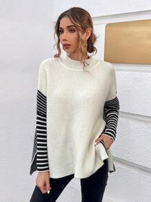 Chiquease Striped Pattern Batwing Sleeve Mock Neck Split Hem Sweater