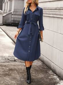 SHEIN Essnce 休閒口袋 前紐扣純色女士連衣裙 - 藏蓝色 - 查看 3