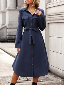 SHEIN Essnce 休閒口袋 前紐扣純色女士連衣裙 - 藏蓝色 - 查看 4