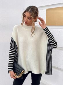 Chiquease Striped Pattern Batwing Sleeve Mock Neck Split Hem Sweater