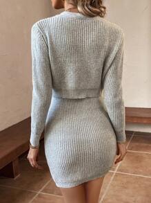 SHEIN Essnce 休閒前紐扣純色女士毛衣兩件套 - 淺灰色 - 查看 2