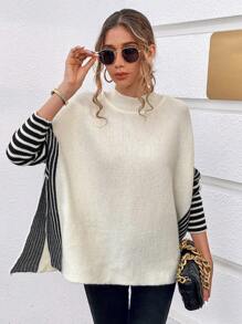Chiquease Striped Pattern Batwing Sleeve Mock Neck Split Hem Sweater