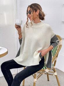 Chiquease Striped Pattern Batwing Sleeve Mock Neck Split Hem Sweater