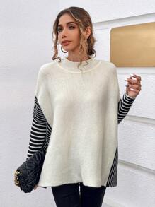 Chiquease Striped Pattern Batwing Sleeve Mock Neck Split Hem Sweater