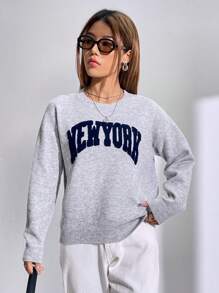 SHEIN LUNE 字母图案落肩毛衣，长袖上衣 - 灰色 - 查看 4