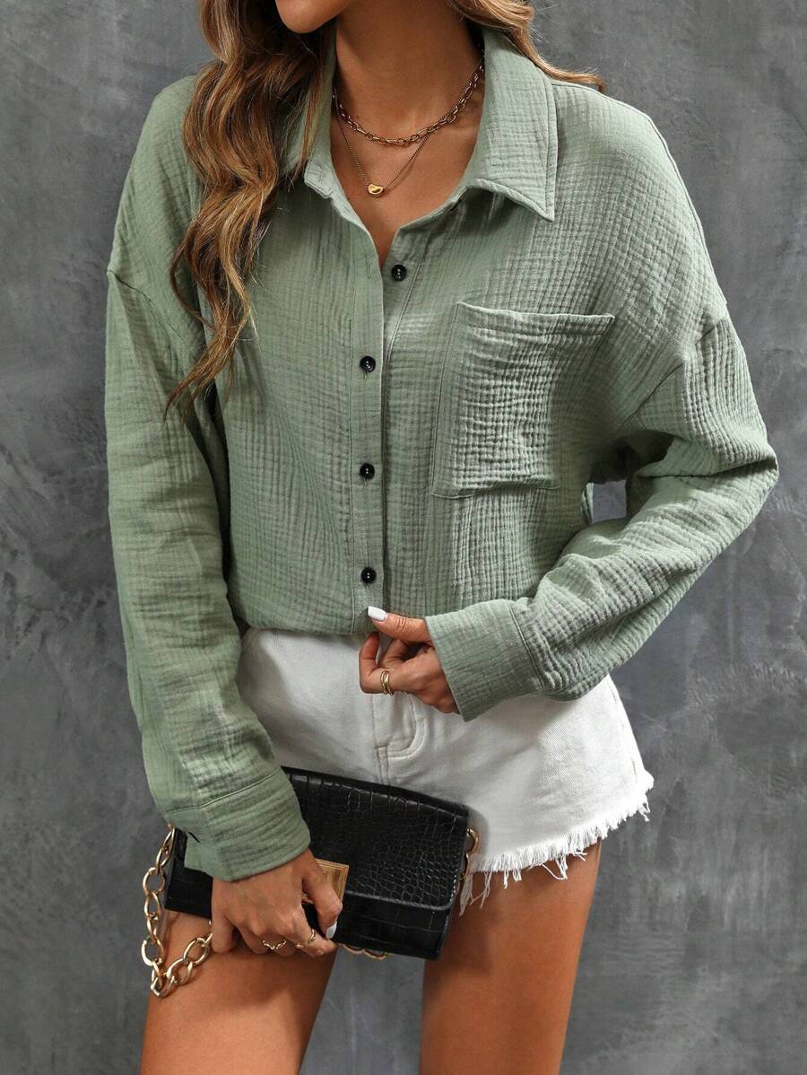 SHEIN Unity Drop Shoulder Pocket Patched Shirt - Green - View 1