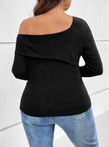 SHEIN Essnce 大碼不對稱領條紋針織T恤 - 黑色 - 查看 2