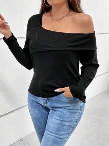 SHEIN Essnce 大碼不對稱領條紋針織T恤 - 黑色 - 查看 3