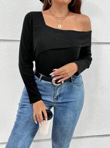 SHEIN Essnce 大碼不對稱領條紋針織T恤 - 黑色 - 查看 4