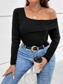 SHEIN Essnce 大碼不對稱領條紋針織T恤 - 黑色 - 查看 1