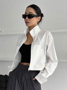 DAZY 拉鏈開襟落肩袖短夾克 - 白色 - 查看 1