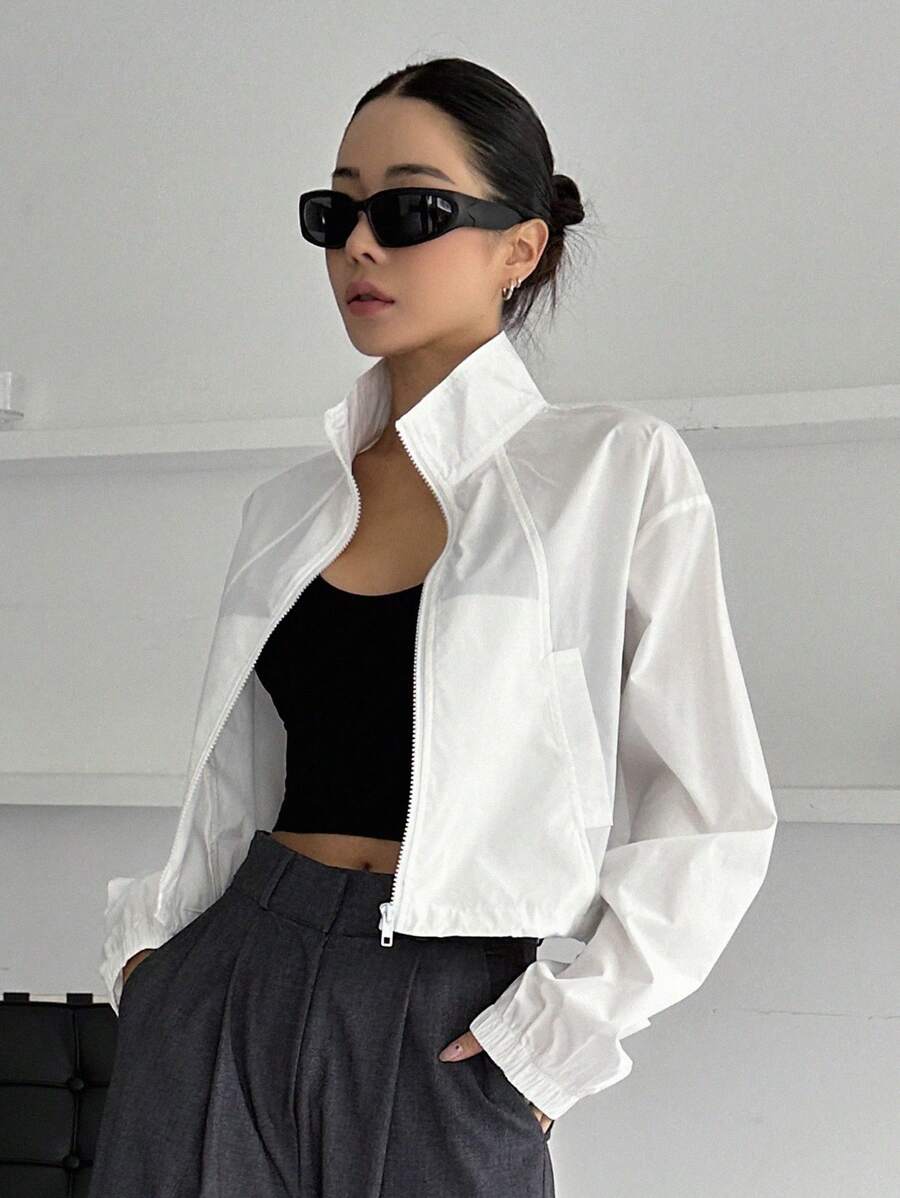 DAZY 拉鏈開襟落肩袖短夾克 - 白色 - 查看 1