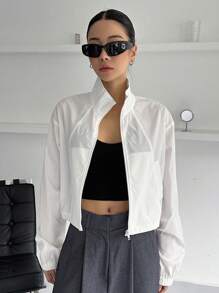 DAZY 拉鏈開襟落肩袖短夾克 - 白色 - 查看 4