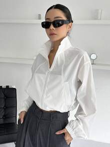 DAZY 拉鏈開襟落肩袖短夾克 - 白色 - 查看 7