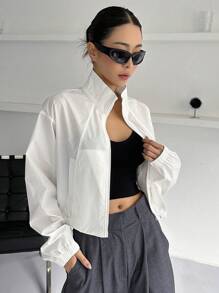 DAZY 拉鏈開襟落肩袖短夾克 - 白色 - 查看 8