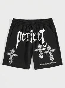 ROMWE MEN Các bạn Slogan Vượt qua Đồ họa Eo dây rút Quần short - màu đen - Xem 1