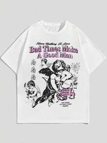 ROMWE MEN Street Life Playera Gráfica De Hombre Con Eslogan De Ángel - Blanco - Ver 1