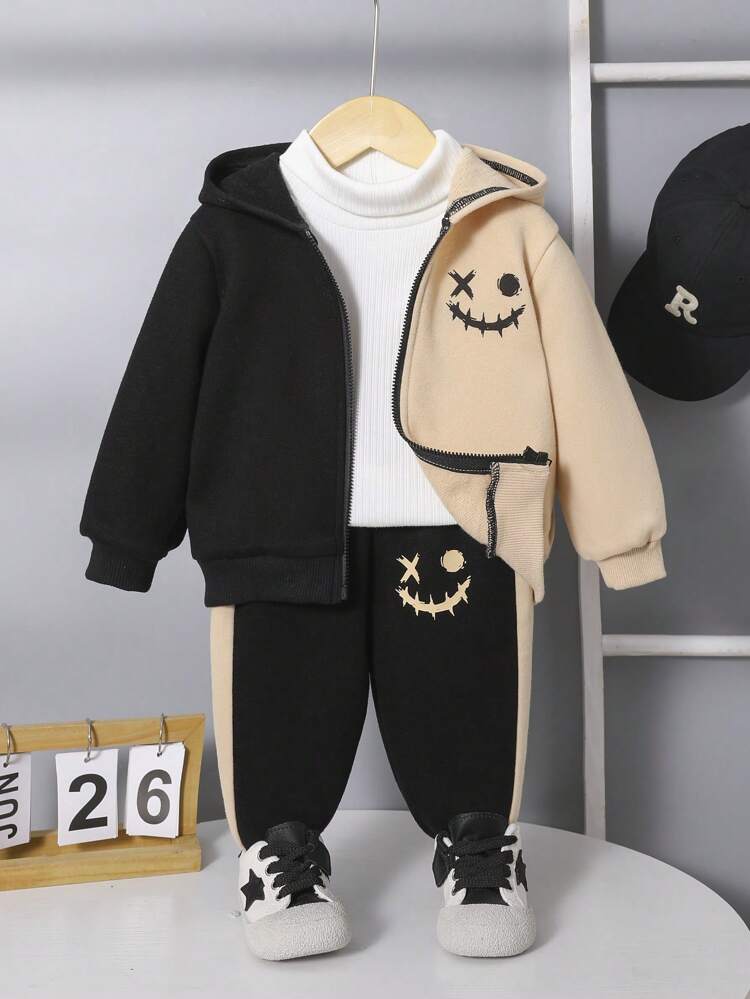 Unisex Baby'S Casual Sports Color Block Sweatshirt And Elastic Waist Pants Set With Printed Patterns