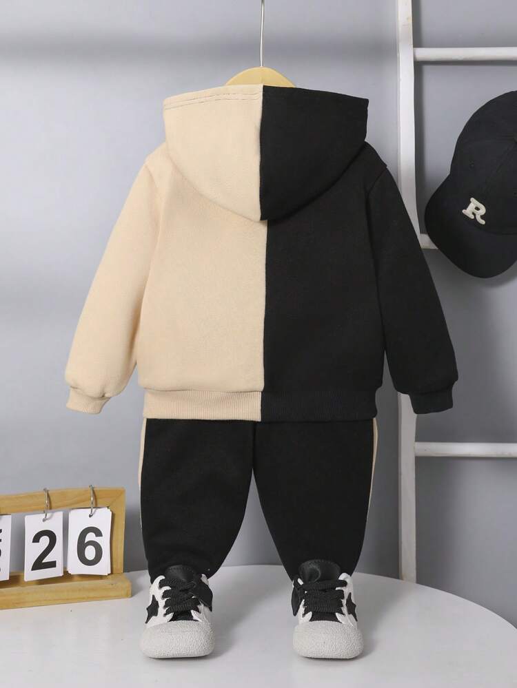 Unisex Baby'S Casual Sports Color Block Sweatshirt And Elastic Waist Pants Set With Printed Patterns