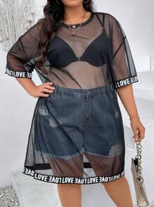 SHEIN CURVE+ Plus Letter Tape Drop Shoulder Mesh Dress Without Bra - Black - View 2