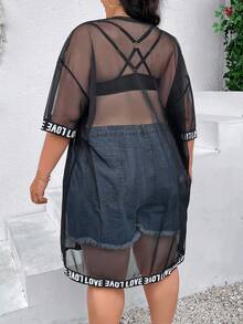 SHEIN CURVE+ Plus Letter Tape Drop Shoulder Mesh Dress Without Bra - Black - View 3