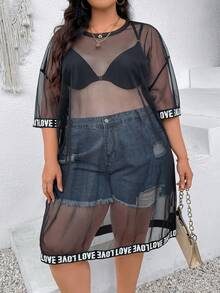 SHEIN CURVE+ Plus Letter Tape Drop Shoulder Mesh Dress Without Bra - Black - View 4