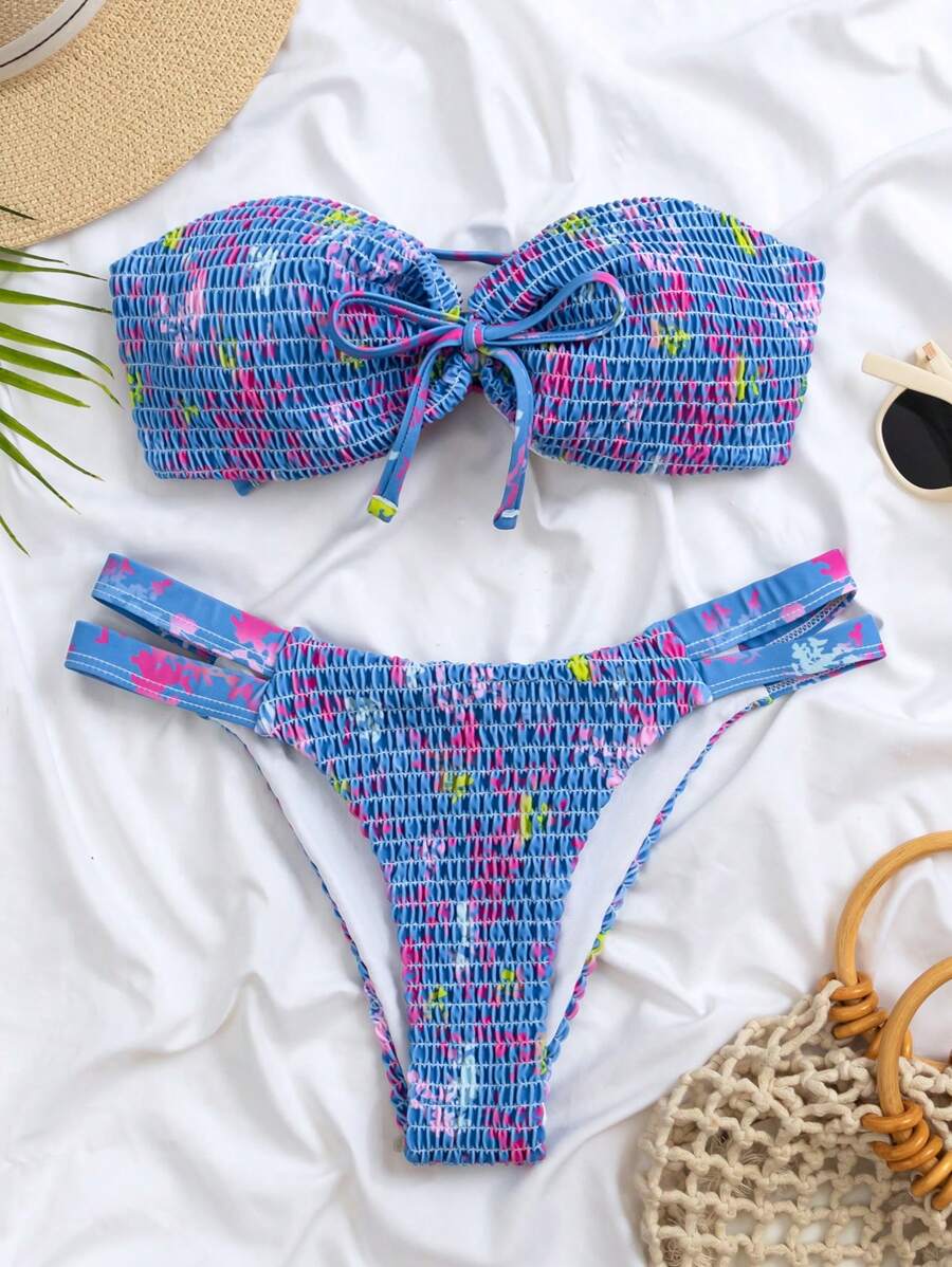 SHEIN 夏日树叶印花褶饰抹胸比基尼套装 - 彩色 - 查看 1