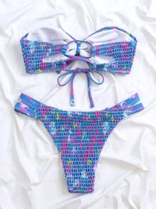 SHEIN 夏日树叶印花褶饰抹胸比基尼套装 - 彩色 - 查看 2