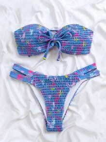 SHEIN 夏日树叶印花褶饰抹胸比基尼套装 - 彩色 - 查看 3