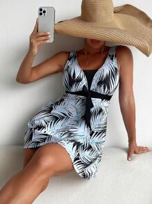 SHEIN Swim 熱帶圖案網紗拼接連體泳衣 - 彩色 - 查看 1