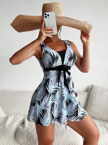 SHEIN Swim 熱帶圖案網紗拼接連體泳衣 - 彩色 - 查看 3